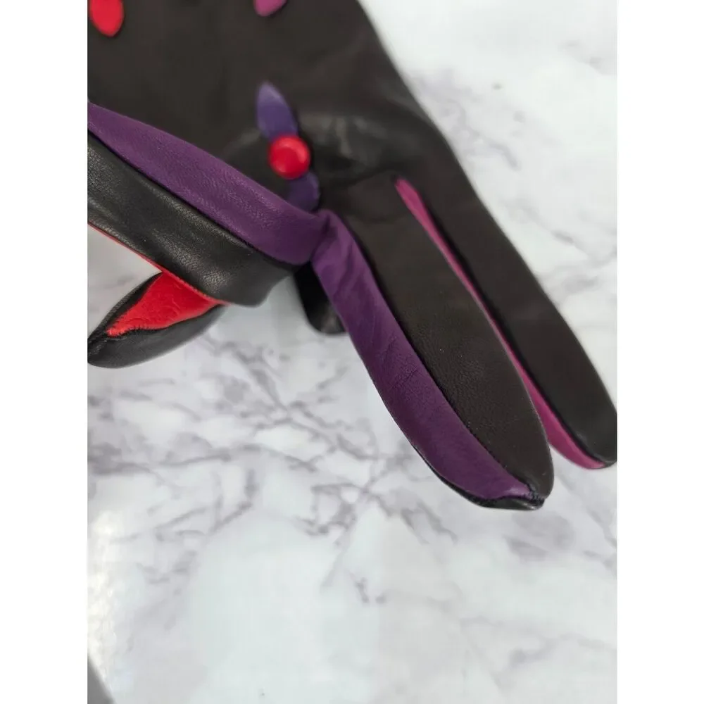 Vintage Black Leather Gloves with Purple & Red Accent Dress Or Driving Gloves